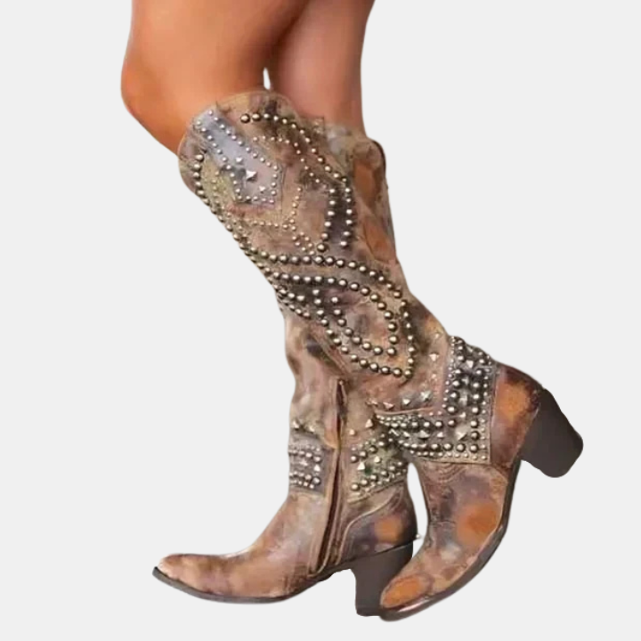 Bottes hautes femme structurées à talon bloc et bout pointu – Alina – Marron