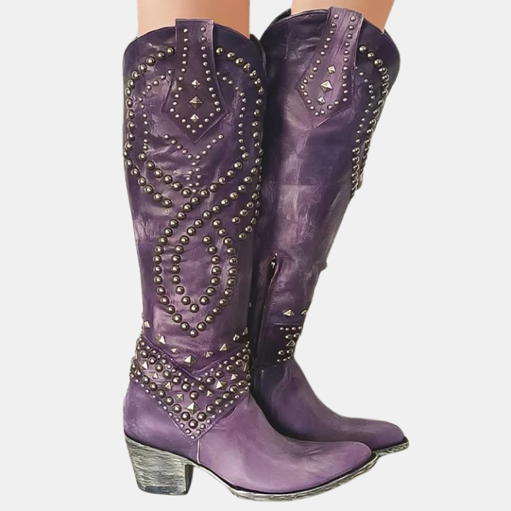 Bottes hautes femme structurées à talon bloc et bout pointu – Alina – Violet