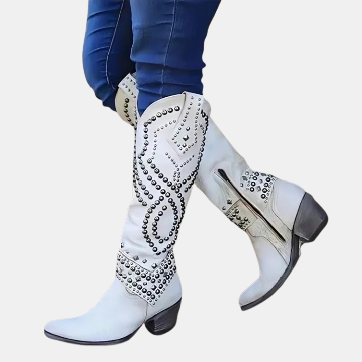 Bottes hautes femme structurées à talon bloc et bout pointu – Alina – Blanc