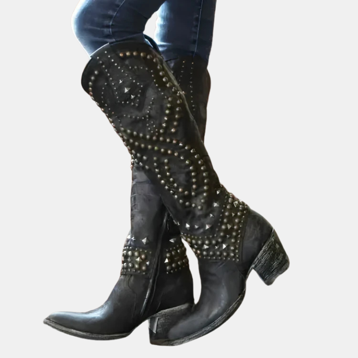 Bottes hautes femme structurées à talon bloc et bout pointu – Alina – Noir