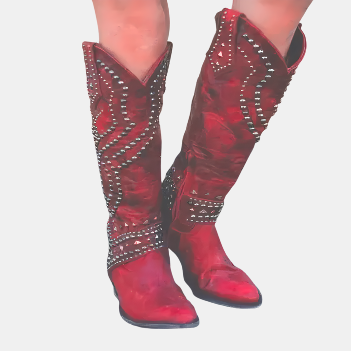 Bottes hautes femme structurées à talon bloc et bout pointu – Alina – Rouge