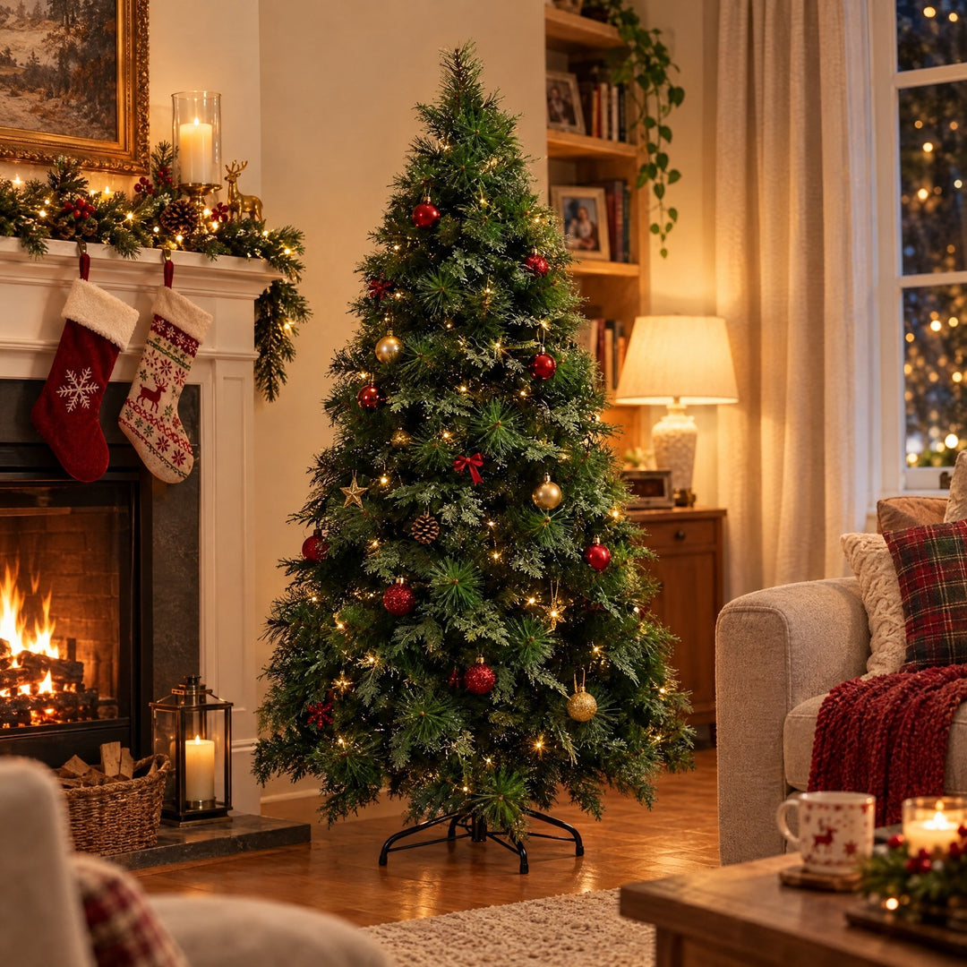 Sapin de Noël Artificiel 120, 150, 180 cm – Pin Touffu à Pointes PET/PVC, Pied en Métal