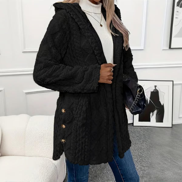 Veste femme peluche à capuche boutonnée motif torsadé – Rose - Noir