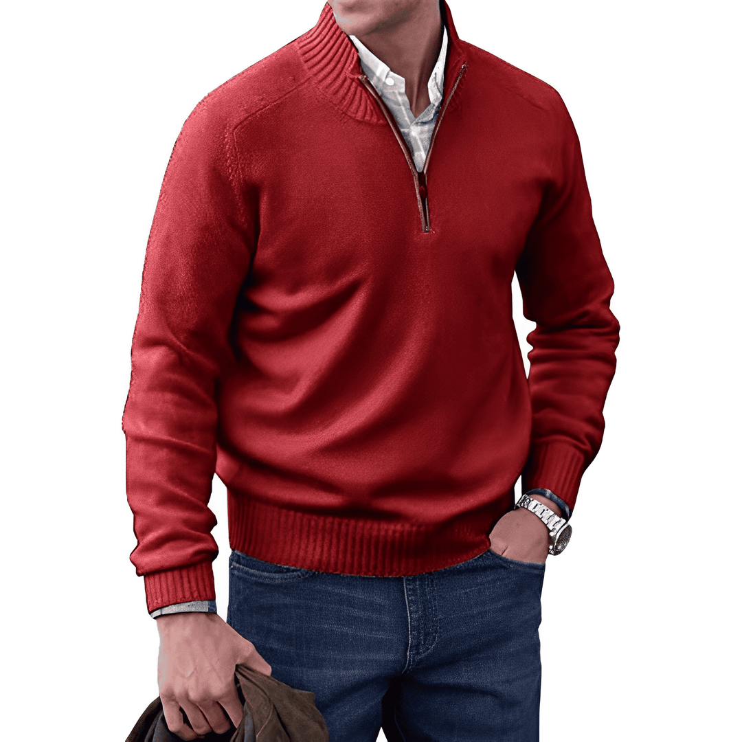 Pull demi-zip homme en maille façon cachemire à col montant – Pierre – Rouge