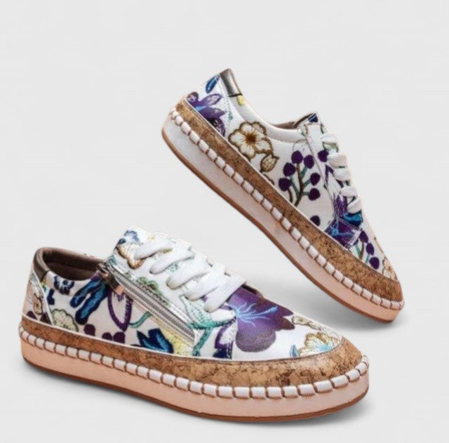 Chaussures femme orthopédiques à enfiler avec soutien de la voûte – Olisette – Fleuri bleu