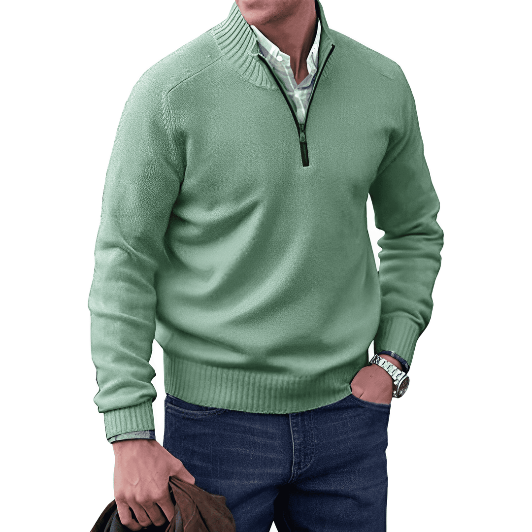 Pull demi-zip homme en maille façon cachemire à col montant – Pierre – Vert