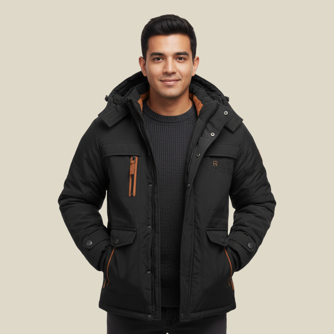 Manteau d'hiver homme robuste et imperméable à capuche amovible – Tobias – Noir