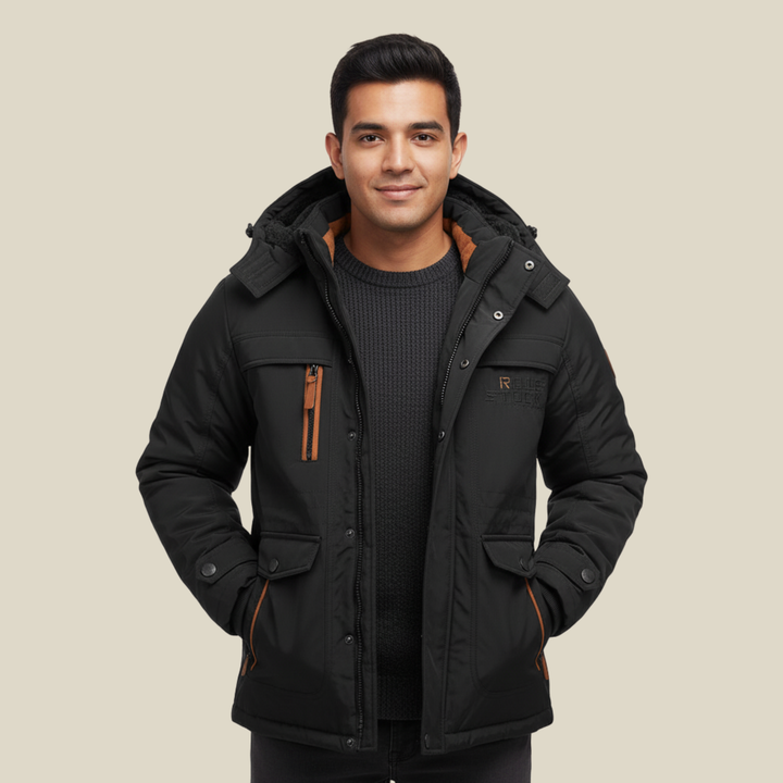 Manteau d'hiver homme robuste et imperméable à capuche amovible – Tobias – Noir