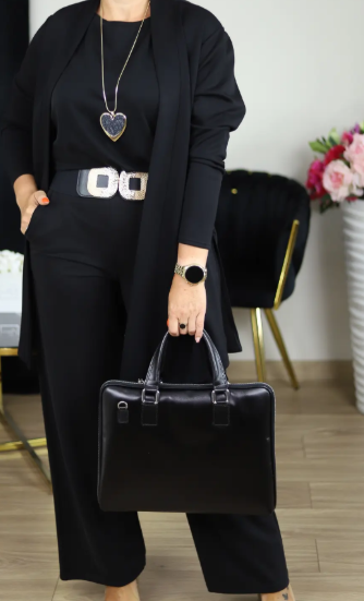 Ensemble 3 pièces femme long gilet, top et pantalon large en maille – Ophélie - Noir