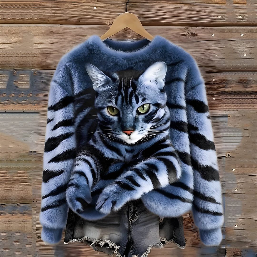 Pull femme en polaire douce à imprimé chat – Zoé - Bleu
