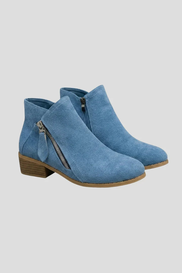 Bottines femme en suédine à bout rond, zip et talon bloc – Emma – vue 1