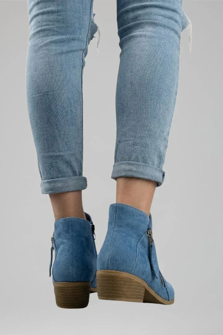 Bottines femme en suédine à bout rond, zip et talon bloc – Emma – vue 5