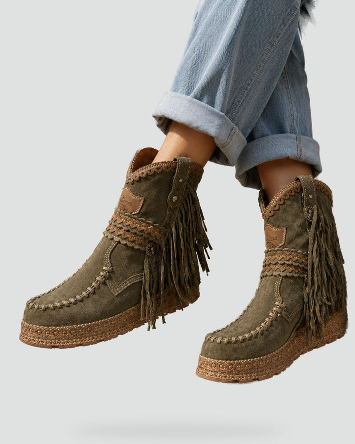 Bottines bohème femme à franges, broderies et plateforme compensée – Indiana – vue 1