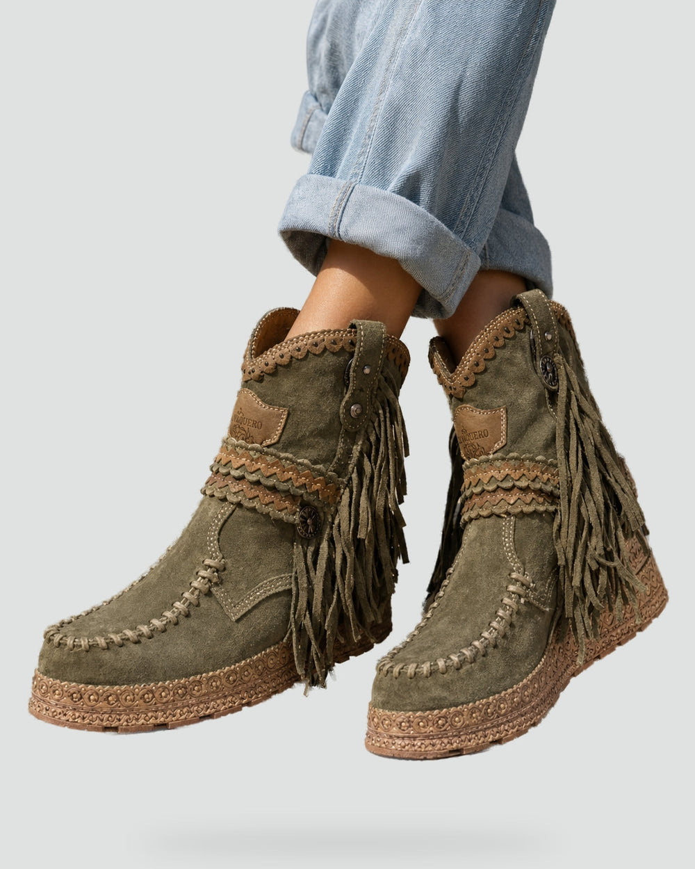 Bottines bohème femme à franges, broderies et plateforme compensée – Indiana – Menthe claire