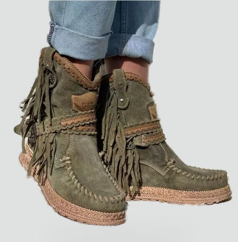 Bottines bohème femme à franges, broderies et plateforme compensée – Indiana – vue 3