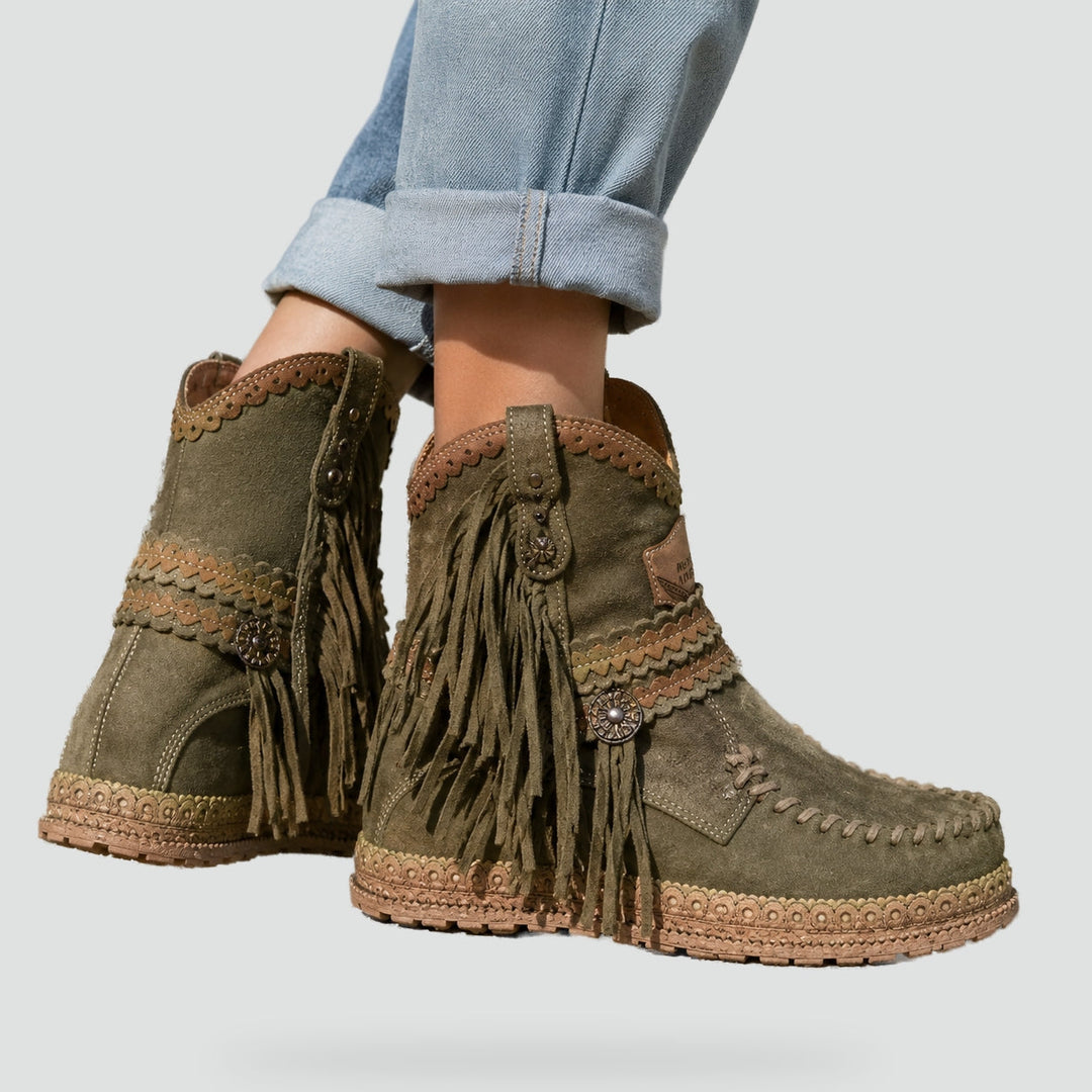 Bottines bohème femme à franges, broderies et plateforme compensée – Indiana – vue 4