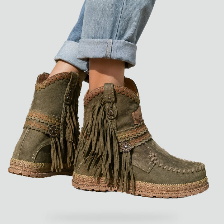 Bottines bohème femme à franges, broderies et plateforme compensée – Indiana – vue 4