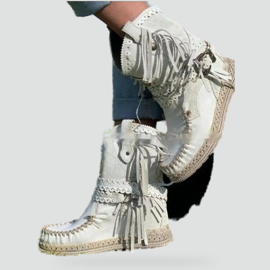 Bottines bohème femme à franges, broderies et plateforme compensée – Indiana – Blanc