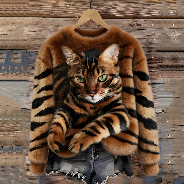 Pull femme en polaire douce à imprimé chat – Zoé - Marron
