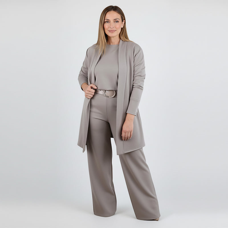 Ensemble 3 pièces femme gilet long, haut et pantalon à ceinture – Héloïse - Marron