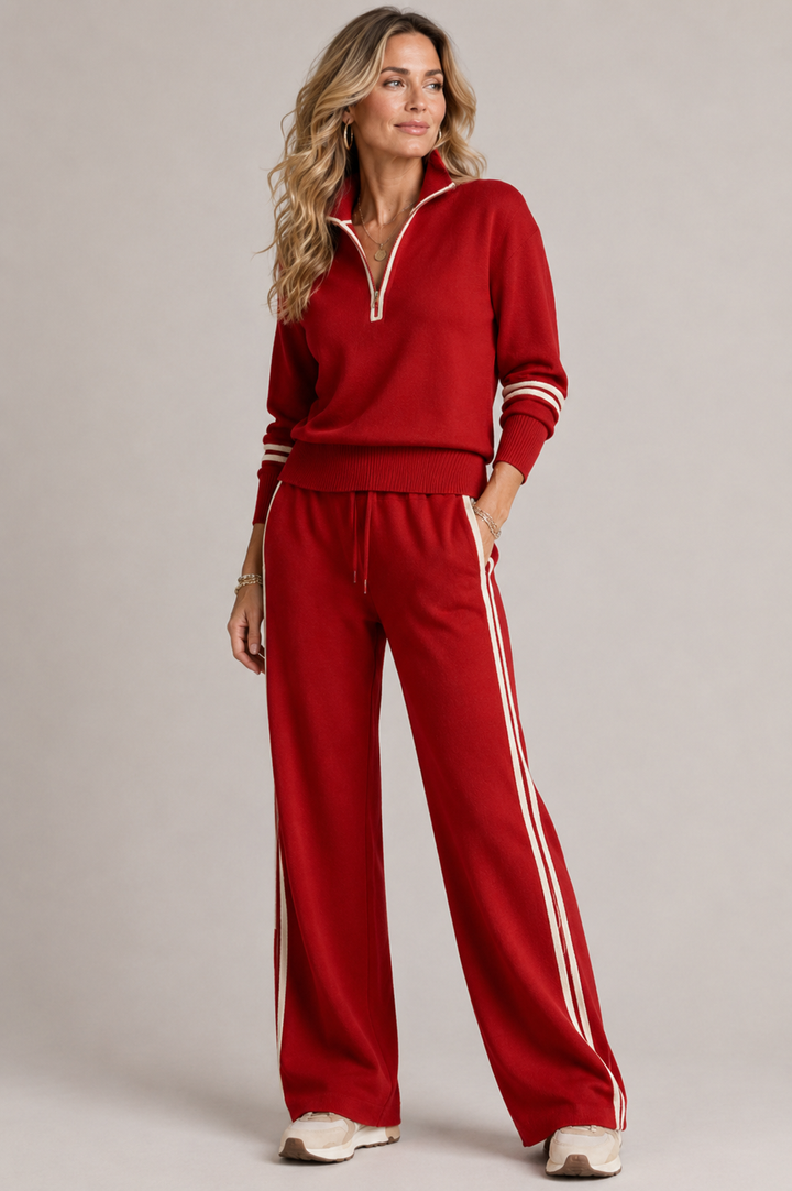 Ensemble femme pull col zippé et pantalon large à bandes – Adèle - Rouge