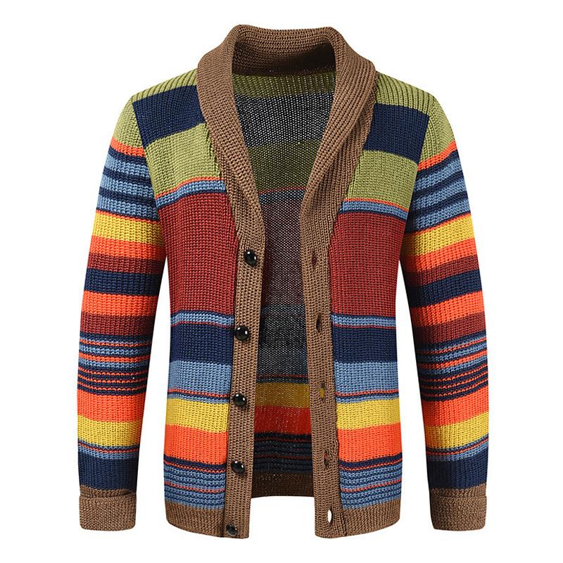 Cardigan homme à col châle rayé rétro – Rétro – Marron / Rouge