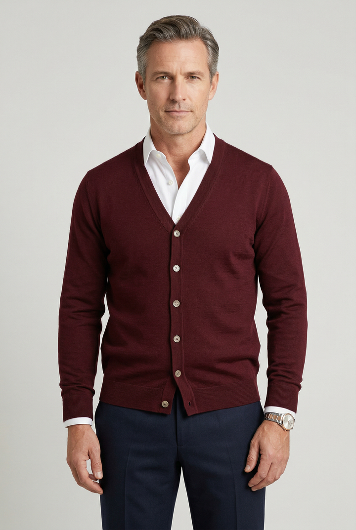 Cardigan homme col V boutonné en maille fine – Raphaël – Bordeaux