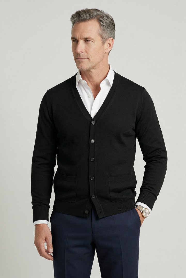 Cardigan homme col V boutonné en maille fine – Raphaël – Noir