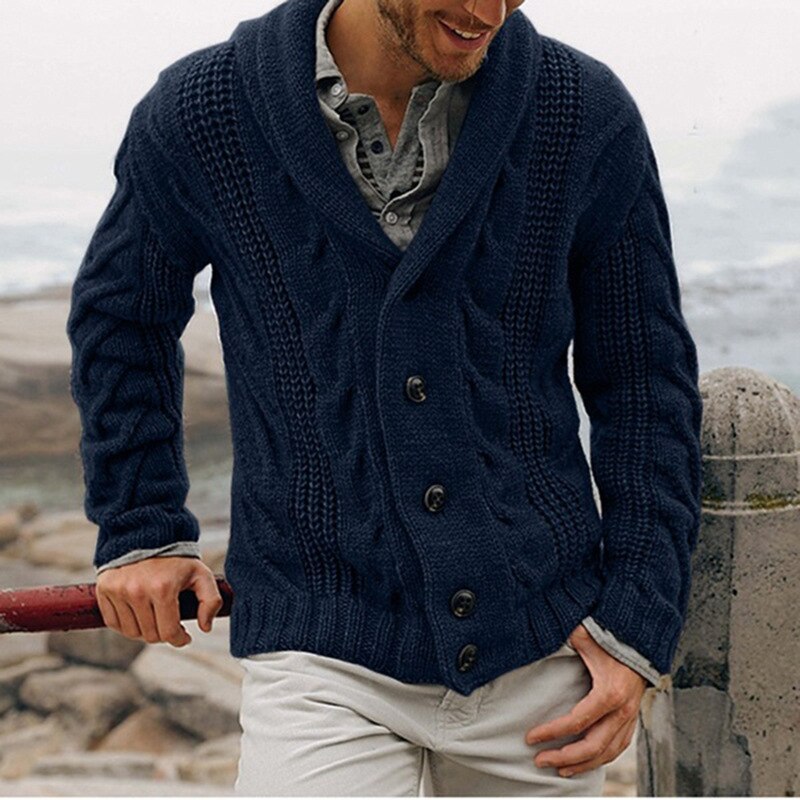 Cardigan homme en laine grosse maille à col châle – Augustin – Bleu