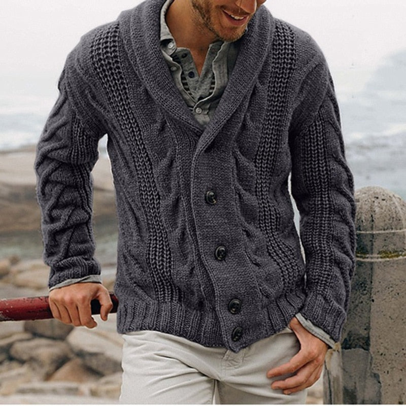 Cardigan homme en laine grosse maille à col châle – Augustin – Gris foncé
