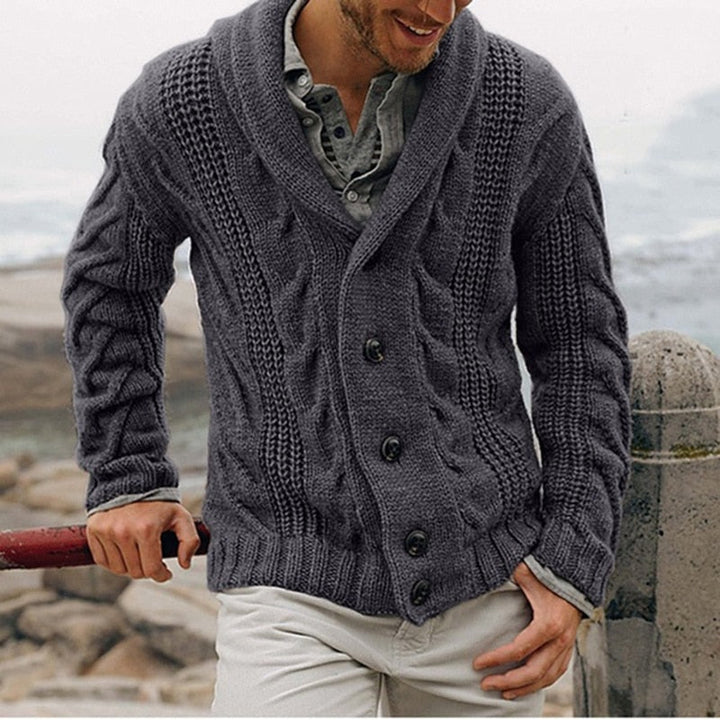 Cardigan homme en laine grosse maille à col châle – Augustin – Gris foncé