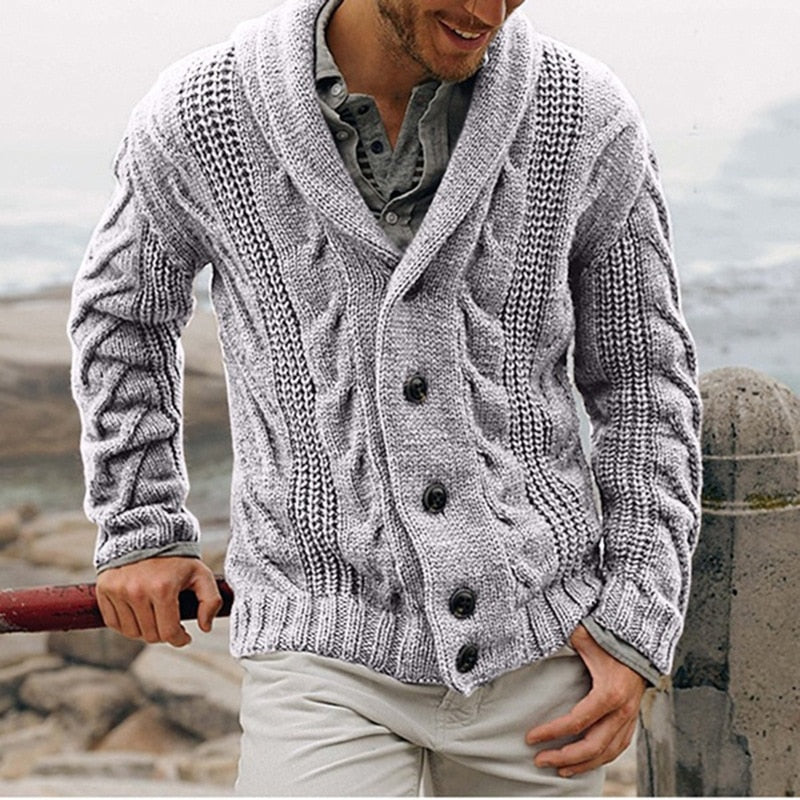 Cardigan homme en laine grosse maille à col châle – Augustin – Gris clair