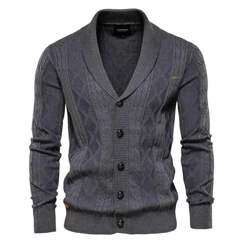 Cardigan homme en maille gaufrée boutonné à col rabattu – Sixties – Gris