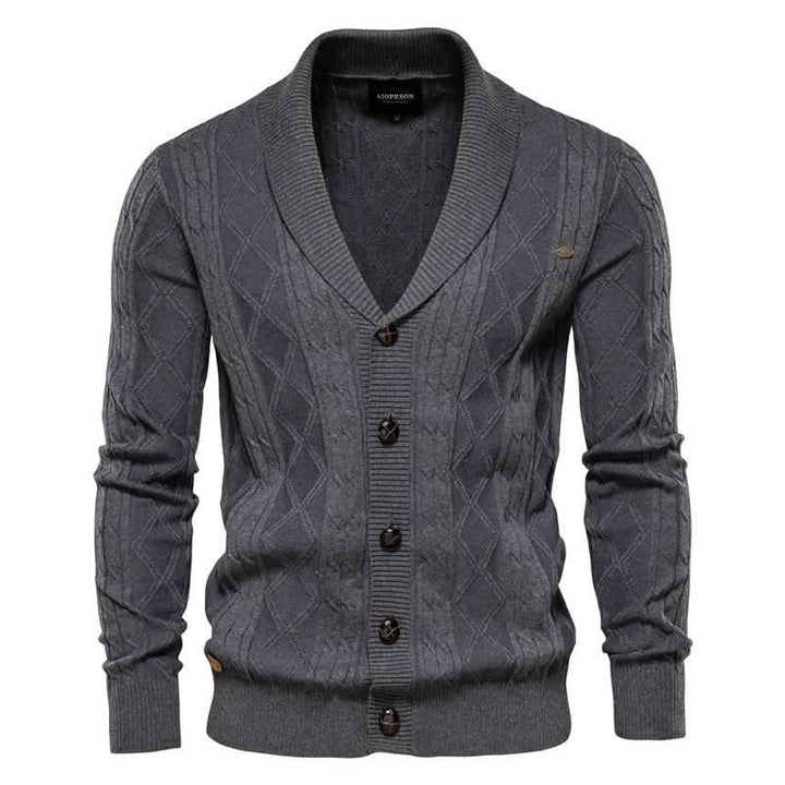 Cardigan homme en maille gaufrée boutonné à col rabattu – Sixties – Gris