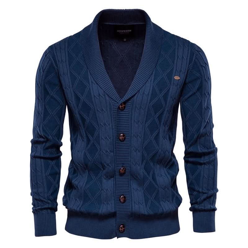 Cardigan homme en maille gaufrée boutonné à col rabattu – Sixties – Bleu
