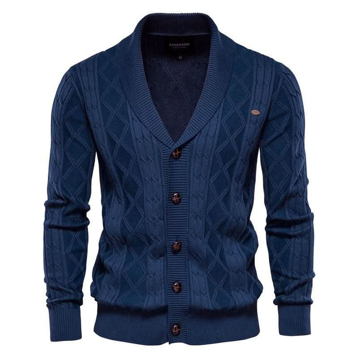 Cardigan homme en maille gaufrée boutonné à col rabattu – Sixties – Bleu