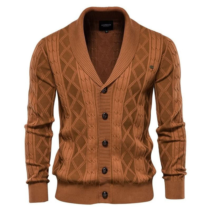 Cardigan homme en maille gaufrée boutonné à col rabattu – Sixties – Marron