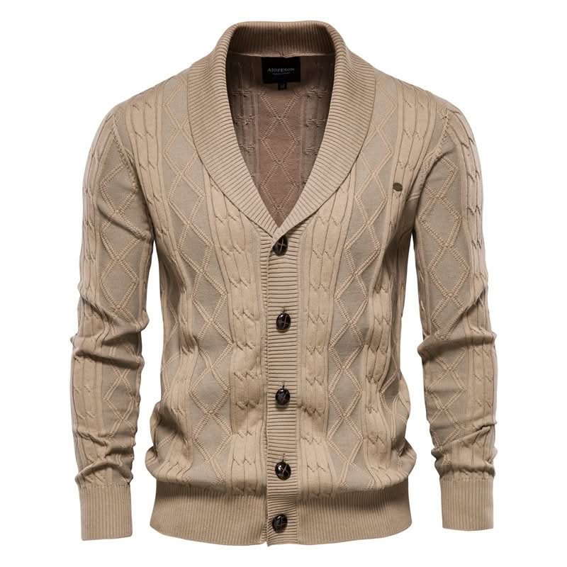 Cardigan homme en maille gaufrée boutonné à col rabattu – Sixties – Kaki