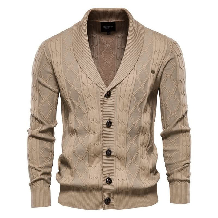 Cardigan homme en maille gaufrée boutonné à col rabattu – Sixties – Kaki
