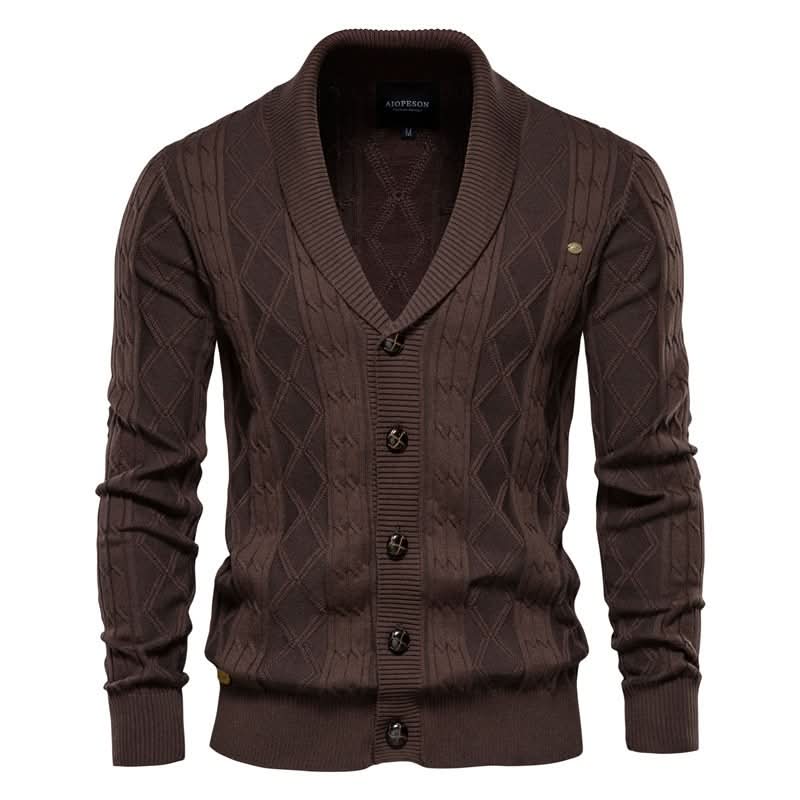 Cardigan homme en maille gaufrée boutonné à col rabattu – Sixties – Café