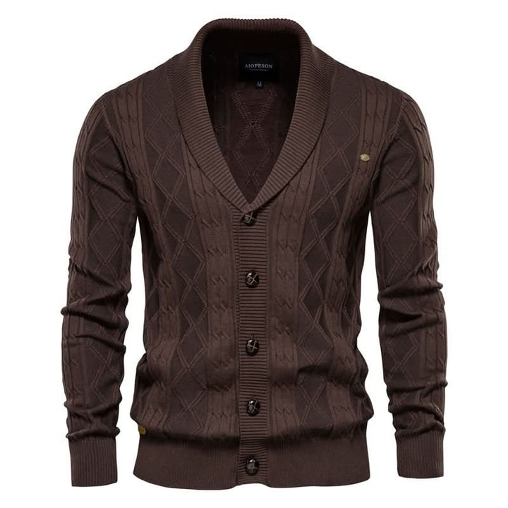 Cardigan homme en maille gaufrée boutonné à col rabattu – Sixties – Café