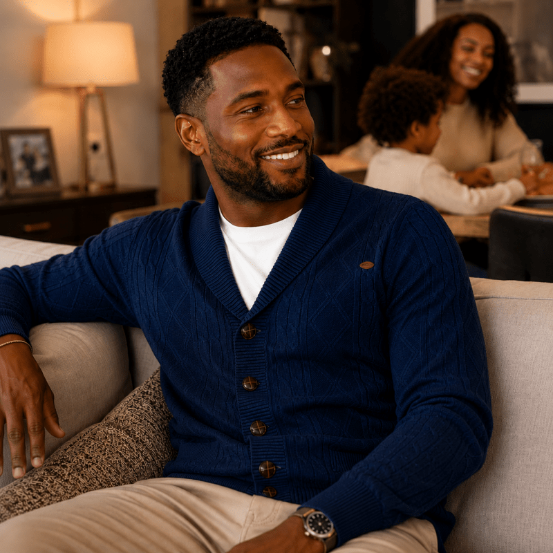 Cardigan homme en maille gaufrée boutonné à col rabattu – Sixties – vue 7