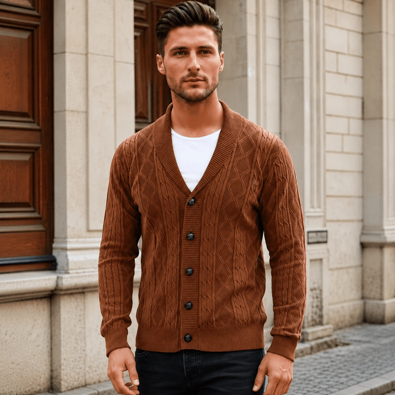 Cardigan homme en maille gaufrée boutonné à col rabattu – Sixties – vue 8