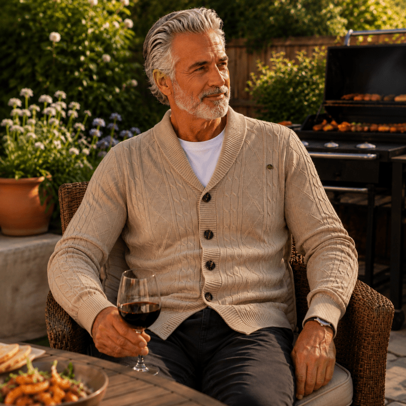 Cardigan homme en maille gaufrée boutonné à col rabattu – Sixties – vue 9