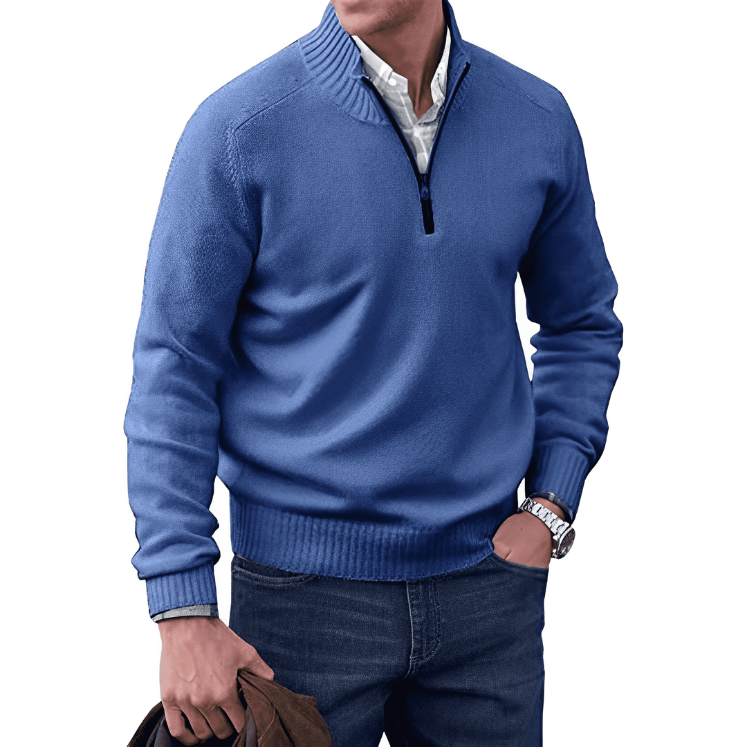 Pull demi-zip homme en maille façon cachemire à col montant – Pierre – Bleu