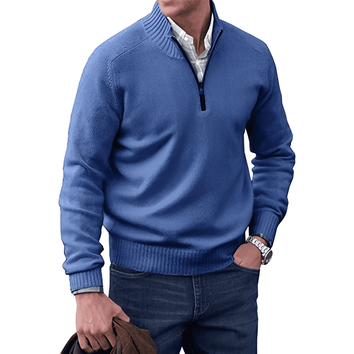 Pull demi-zip homme en maille façon cachemire à col montant – Pierre – Bleu