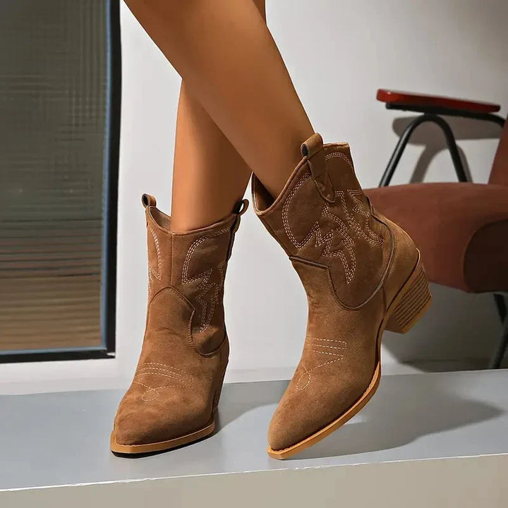 Bottes western femme à bout pointu et talon bloc – Cemre – Marron