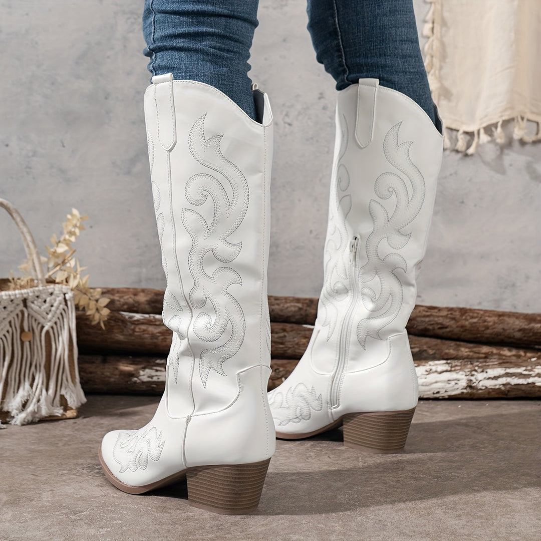 Bottes western femme blanches à tige brodée et talon bloc – Lina – vue 1