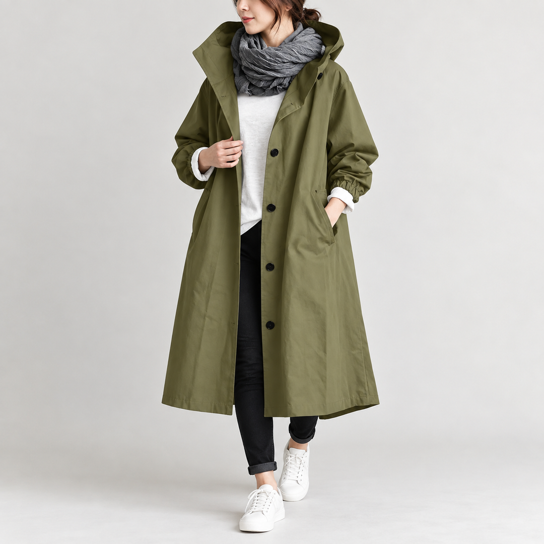 Trench long femme à capuche coupe ample et évasée – Héloïse - Vert