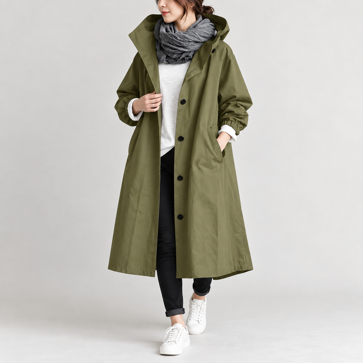 Trench long femme à capuche coupe ample et évasée – Héloïse - Vert